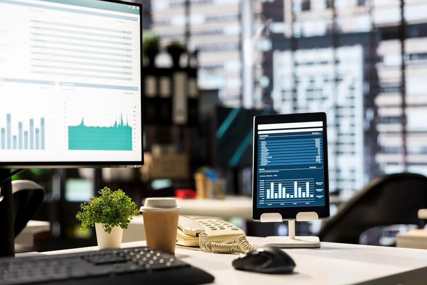 Espacio de trabajo de oficina de alta gama, vacío, con tecnología avanzada para mejorar la eficiencia.